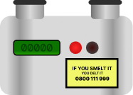 Illustration of a grey E6 smart gas meter with a green digital display and a yellow emergency number label