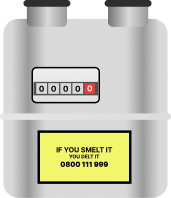 Illustration of a grey G4 gas meter with a mechanical dial and a yellow emergency number label