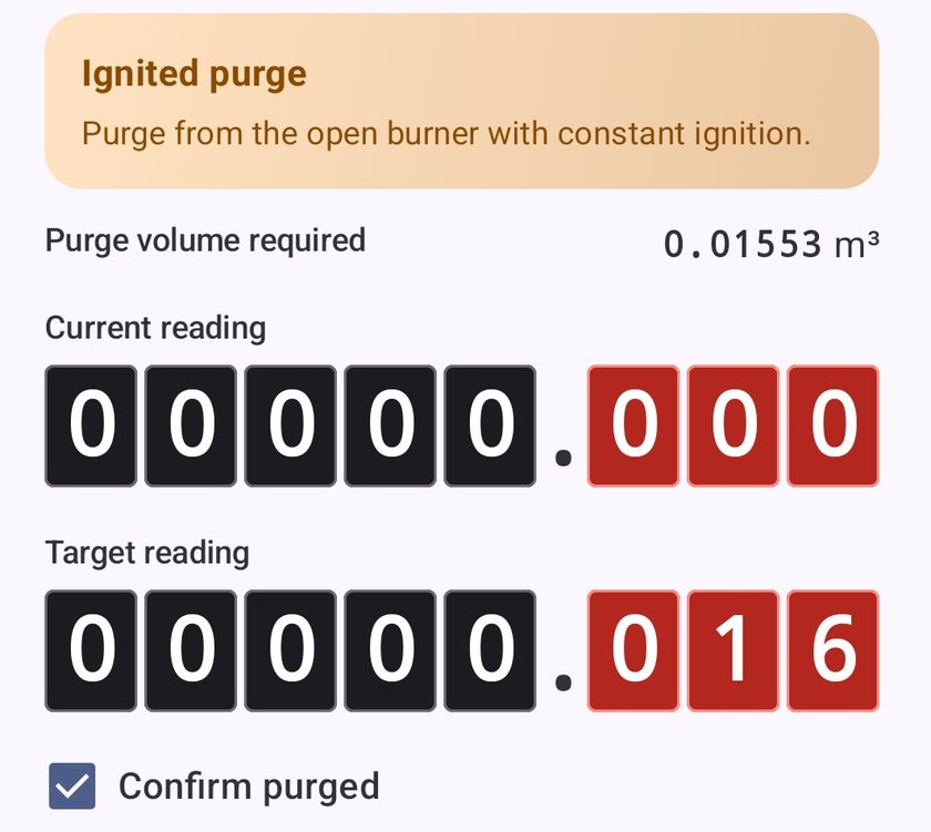 Purge Assistant screen: an ignited purge needing 0.01553 m³, with a current meter reading of 00000.000 and a target reading of 00000.016
